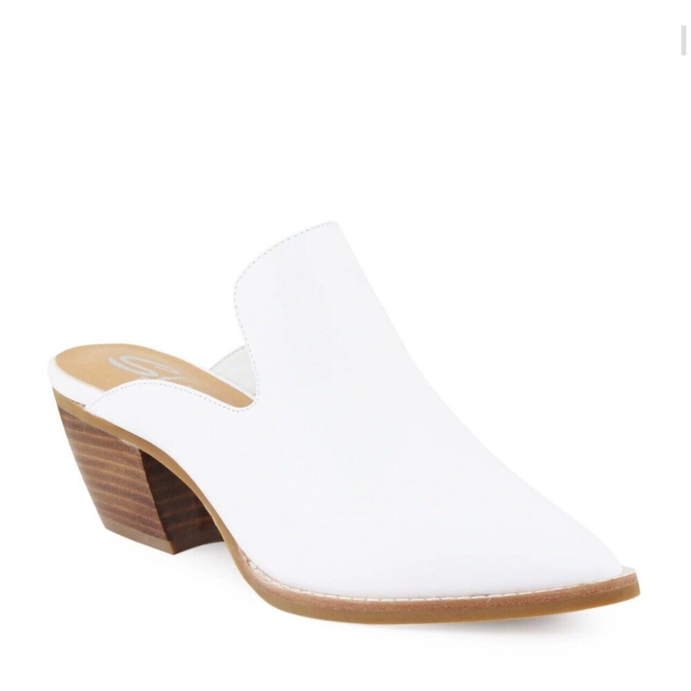 NIB Sbicca Thomaston White Mule Women's‎ 7 Leather Upper Pointy Toe Block Heel